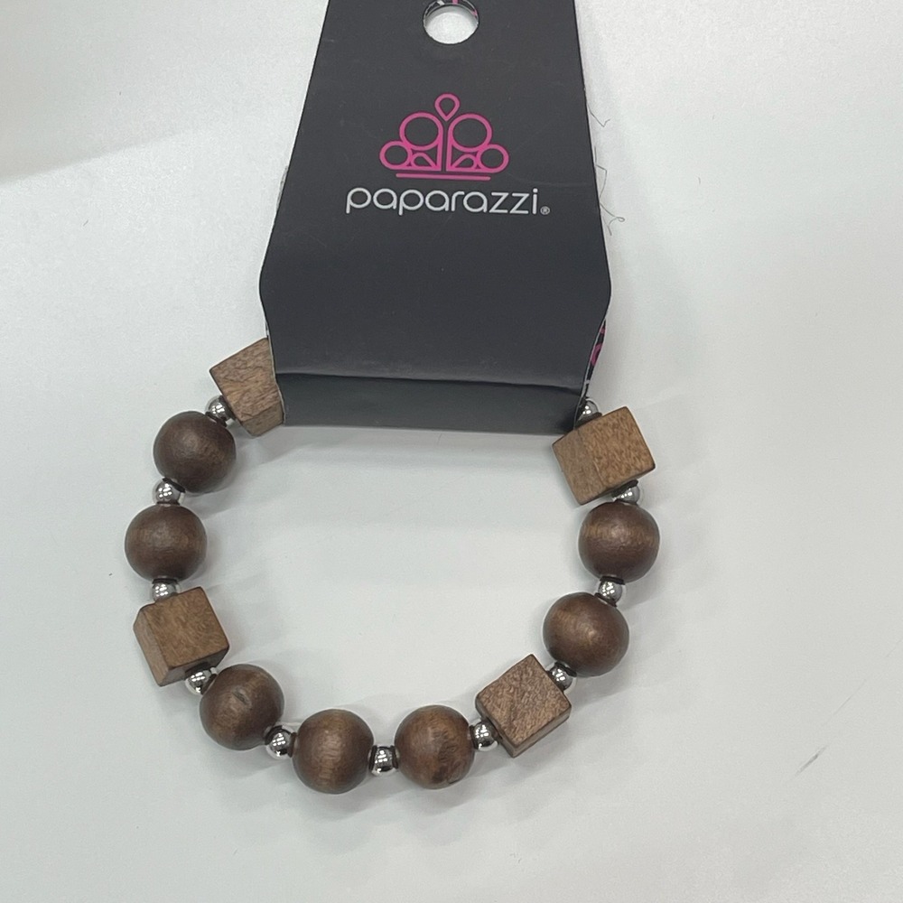 Paparazzi Brown Wood Bead Stretch Bracelet Geometric Cube Silver Accents NWT